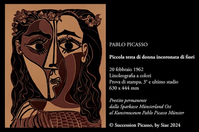 Picasso: Piccola testa di donna incoronata di fiori 1962 - Copyright Succession Picasso By SIAE 2024
